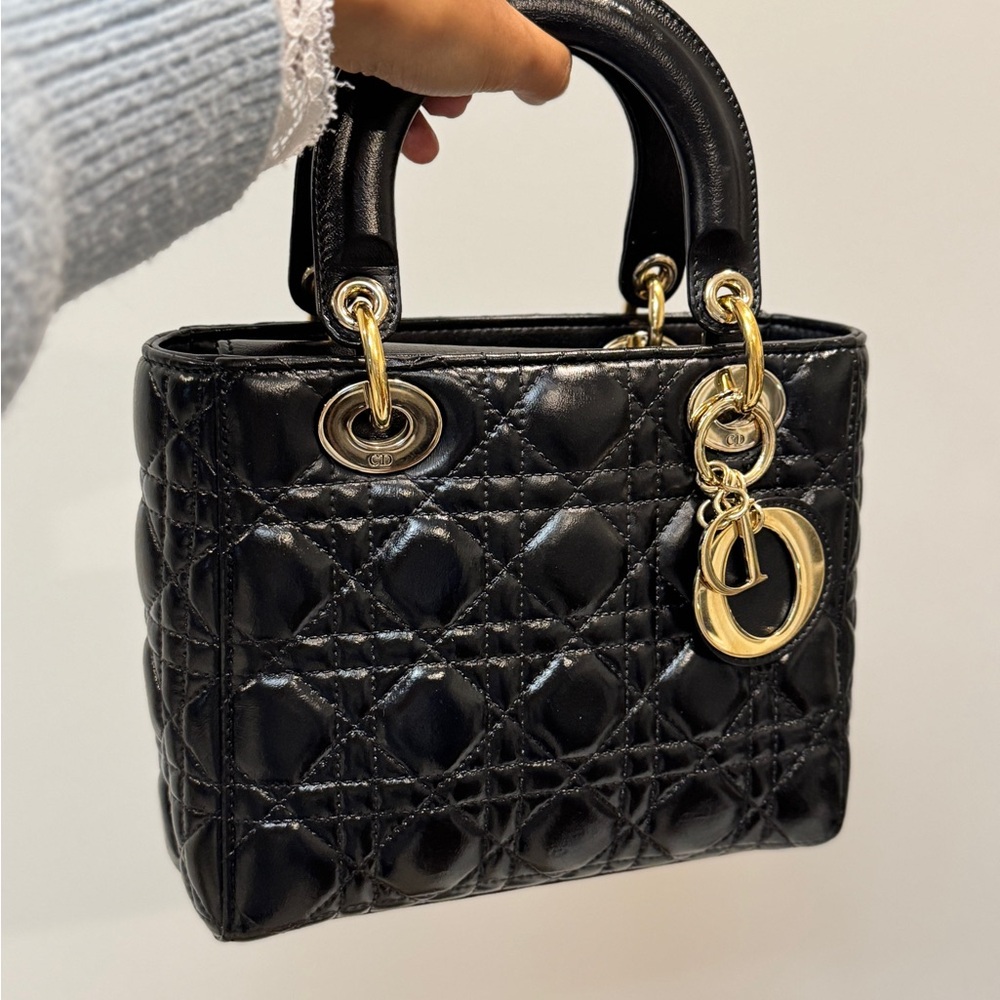Authentic Christian Dior Lady Dior Black Quilted Cannage Leather Handbag small